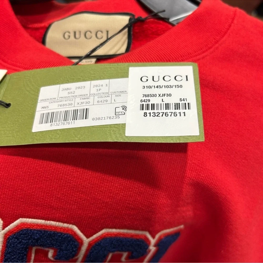 Men’s Gucci logo, embroidered cotton jersey sweatshirt, size large made in Italy